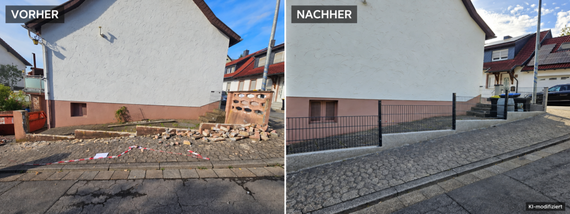 Mauererneuerung und Zaunbau im Vorher-Nachher-Vergleich – Imperial Vorher-Nachher-Vergleich: abgebrochene Grundstücksmauer und erneuerter Mauersockel mit anthrazitfarbenem Doppelstabmattenzaun.