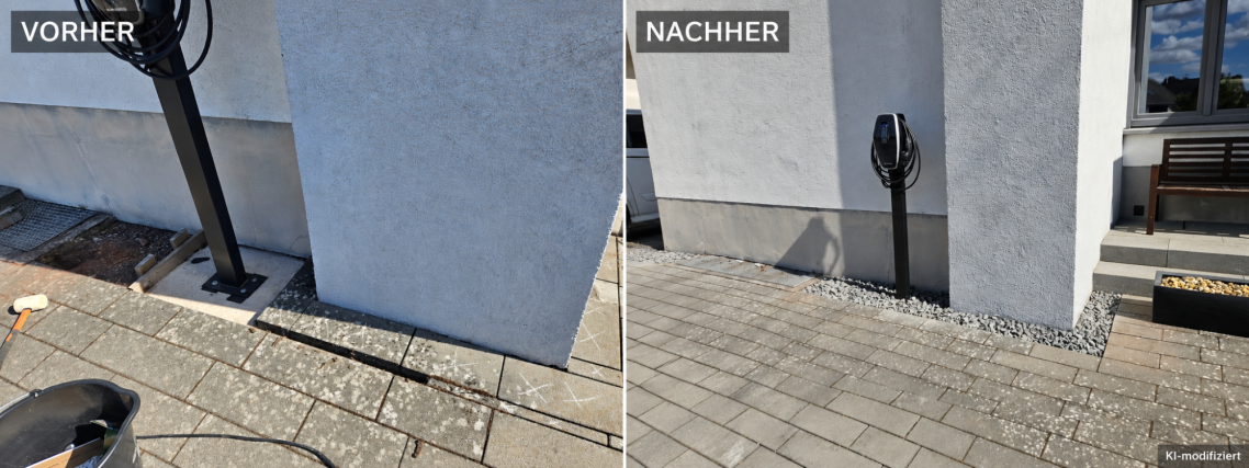 Kiesstreifen an der Hauswand anlegen – Vorher und Nachher – Imperial Vorher-Nachher-Vergleich: offener Randbereich an der Hauswand und fertig angelegter Kiesstreifen um eine bestehende Wallbox-Säule.